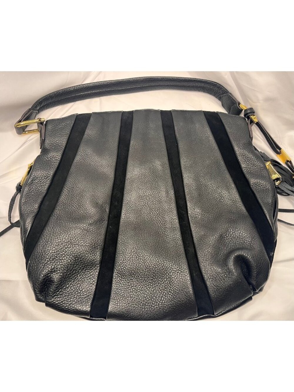 Aimee Kestenberg Black Leather Suede Stripe Hobo Shoulder Bag Gold Tassel - Picture 2 of 12